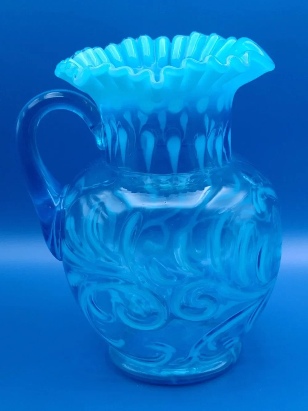 Fenton EAPG 1910 Blue Opalescent Buttons Braids Pitcher 9.25